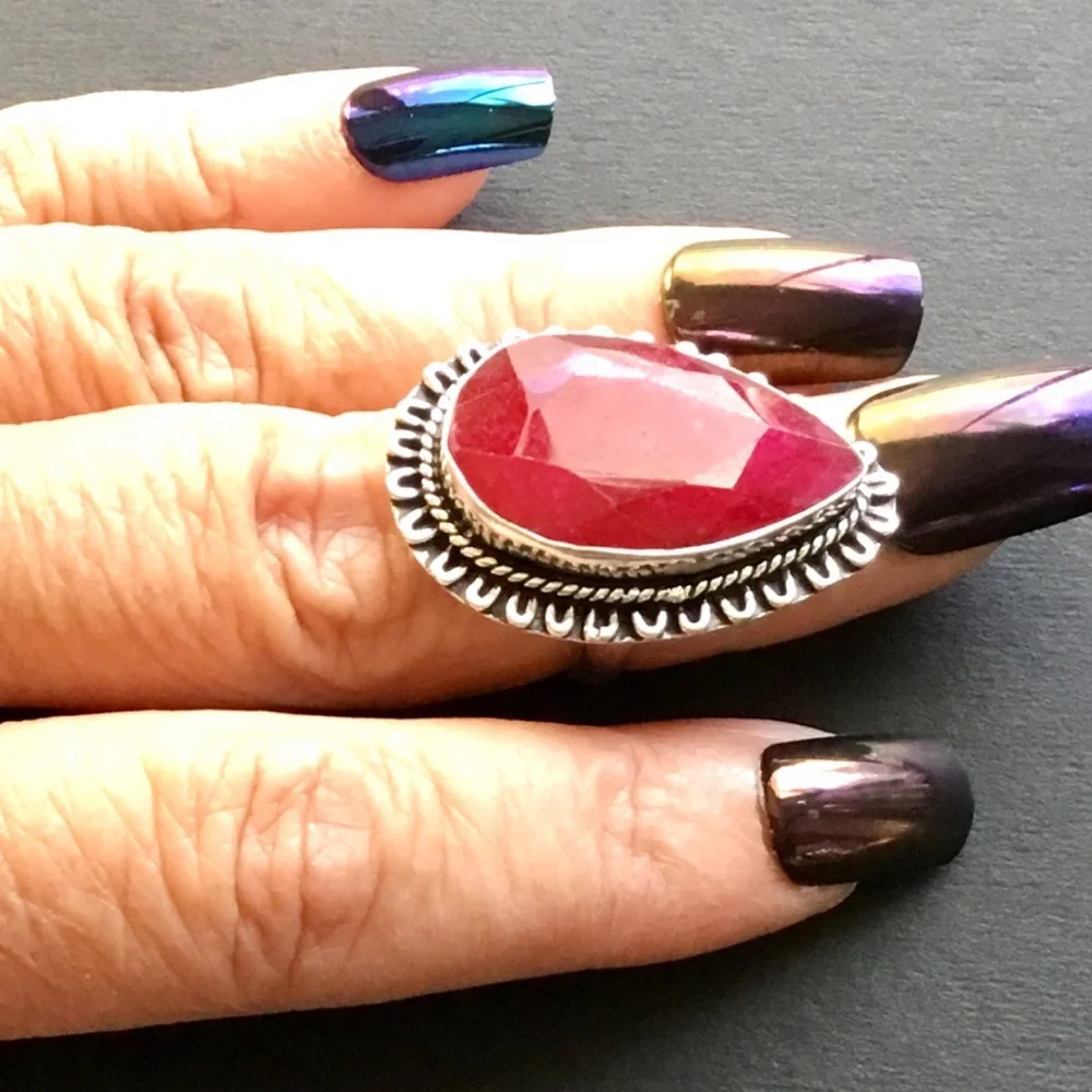 Large Red Ruby Gemstone Ring Tear Drop Style Faceted Handmade Size 6.5